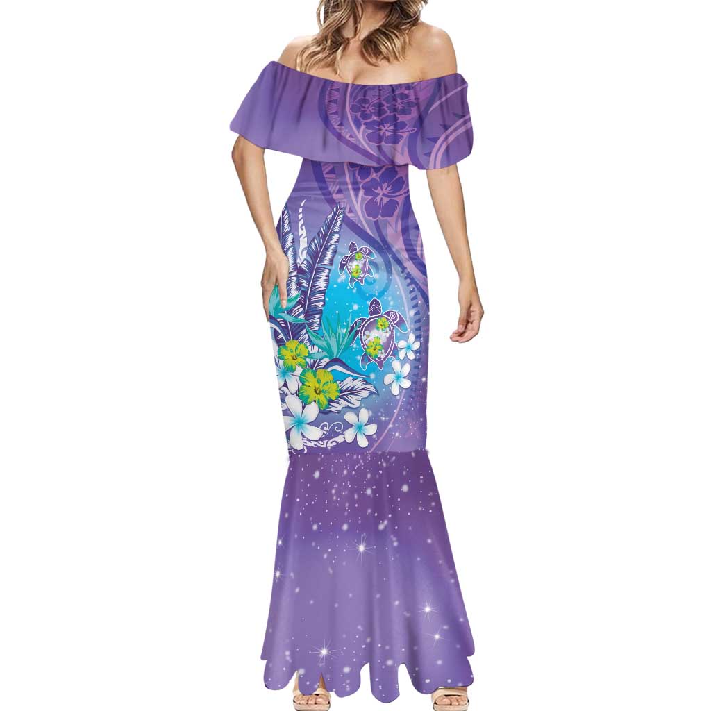 Hawaii Honu Mermaid Dress Tropical Flowers Purple Gradient