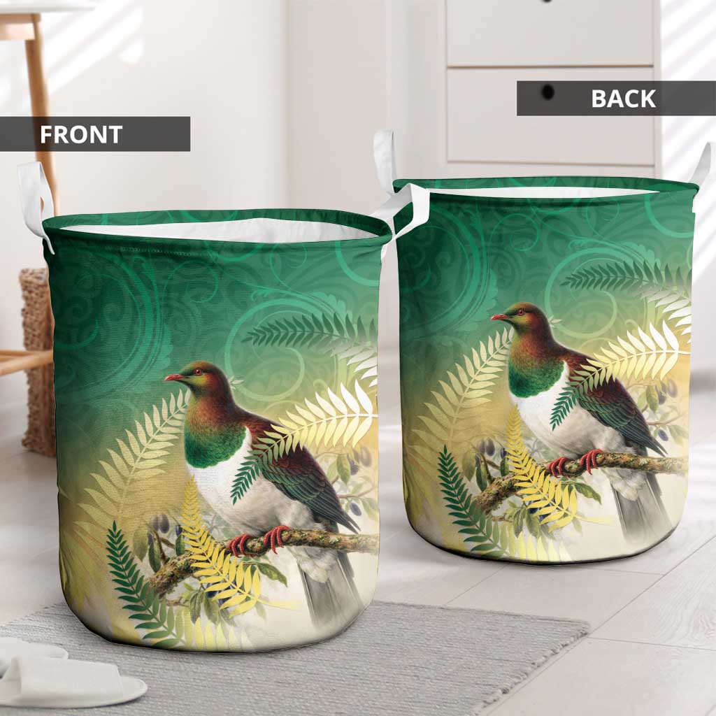 New Zealand Pigeon Kereru Laundry Basket Maori Fern Art Green Gradient - Polynesian Pride