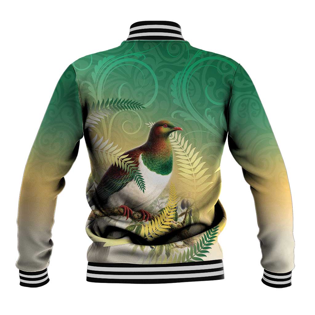 New Zealand Pigeon Kereru Baseball Jacket Maori Fern Art Green Gradient - Polynesian Pride