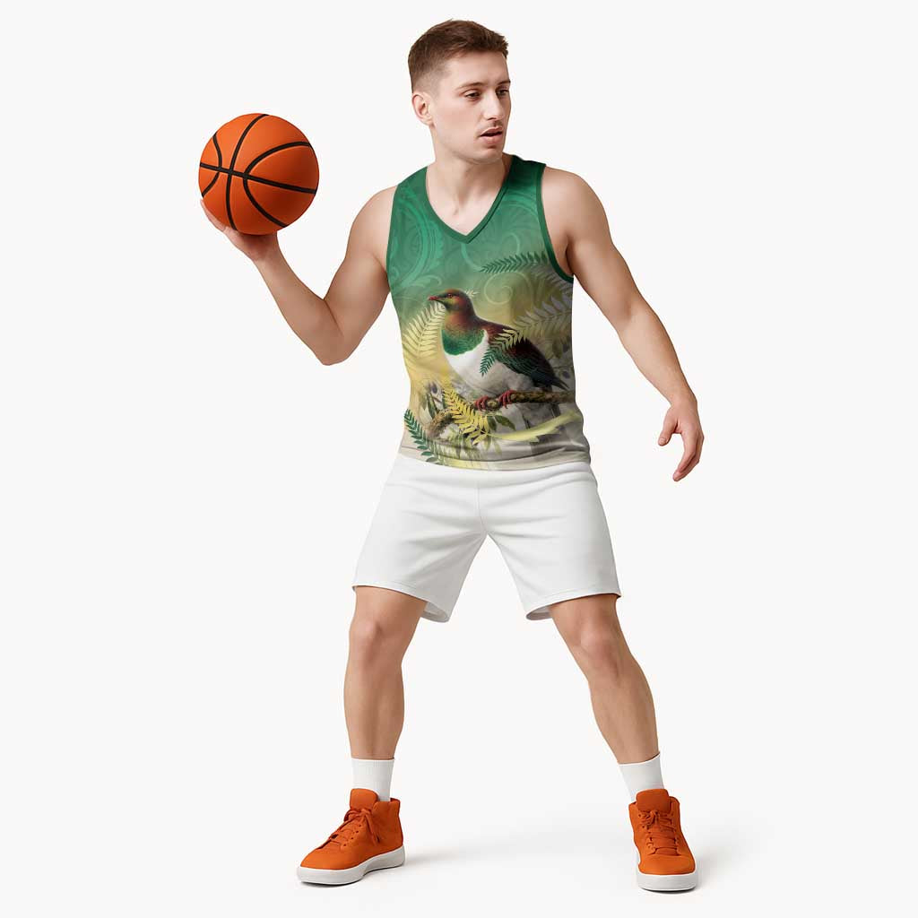 New Zealand Pigeon Kereru Basketball Jersey Maori Fern Art Green Gradient - Polynesian Pride