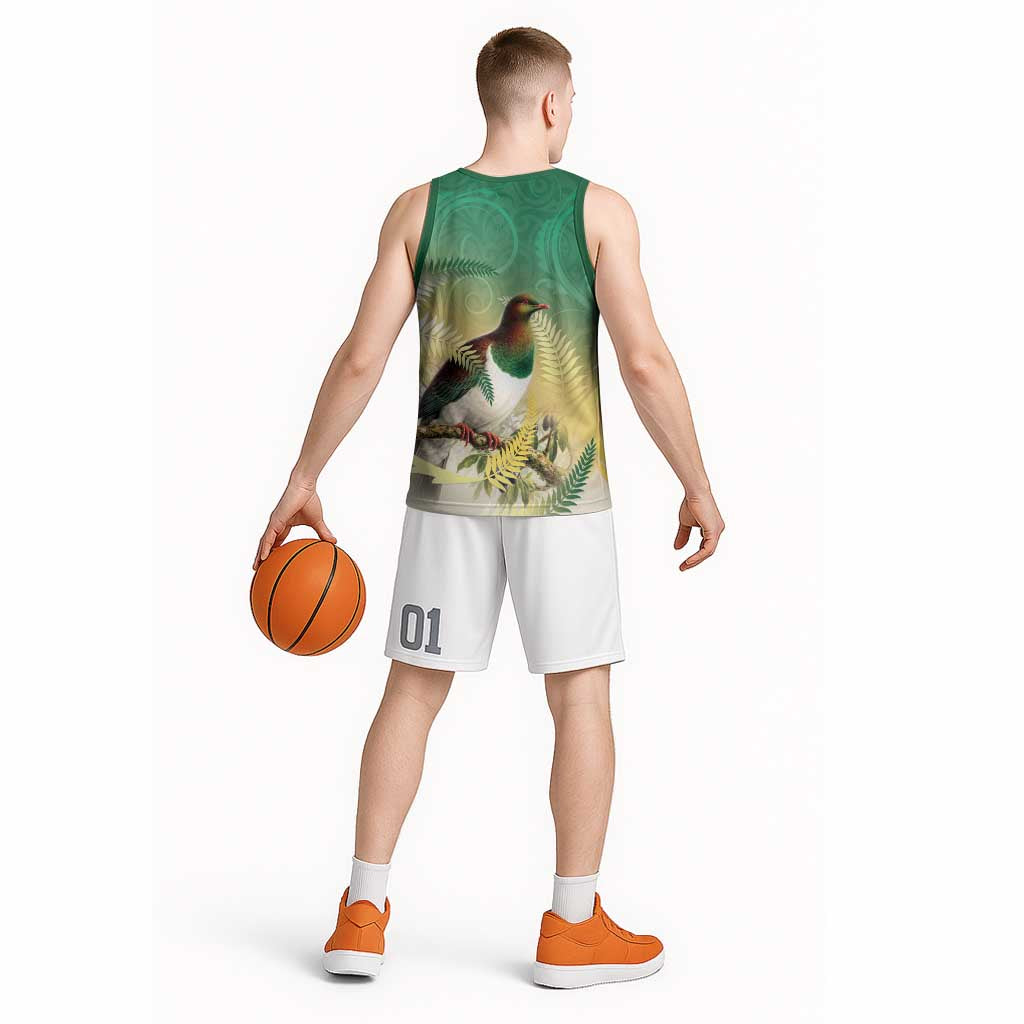 New Zealand Pigeon Kereru Basketball Jersey Maori Fern Art Green Gradient - Polynesian Pride