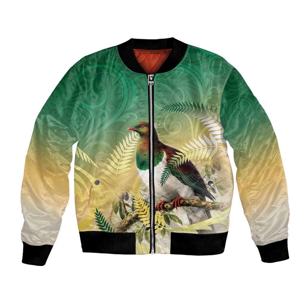 New Zealand Pigeon Kereru Bomber Jacket Maori Fern Art Green Gradient LT05 Unisex Green - Polynesian Pride