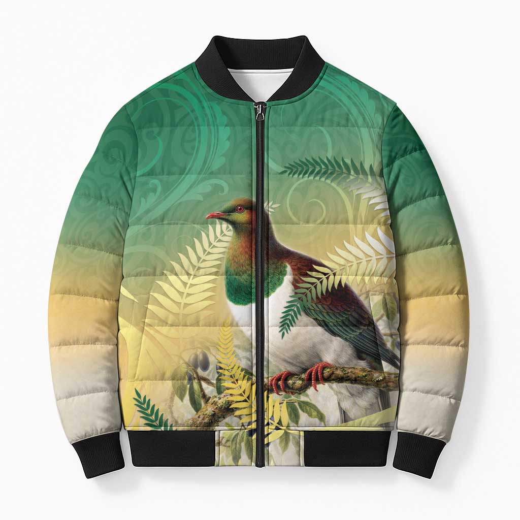 New Zealand Pigeon Kereru Bomber Puffer Jacket Maori Fern Art Green Gradient - Polynesian Pride
