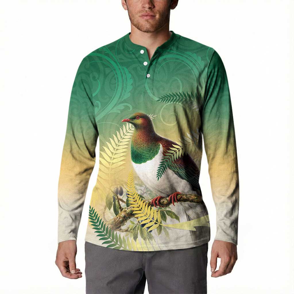 New Zealand Pigeon Kereru Button Sweatshirt Maori Fern Art Green Gradient LT05 - Polynesian Pride