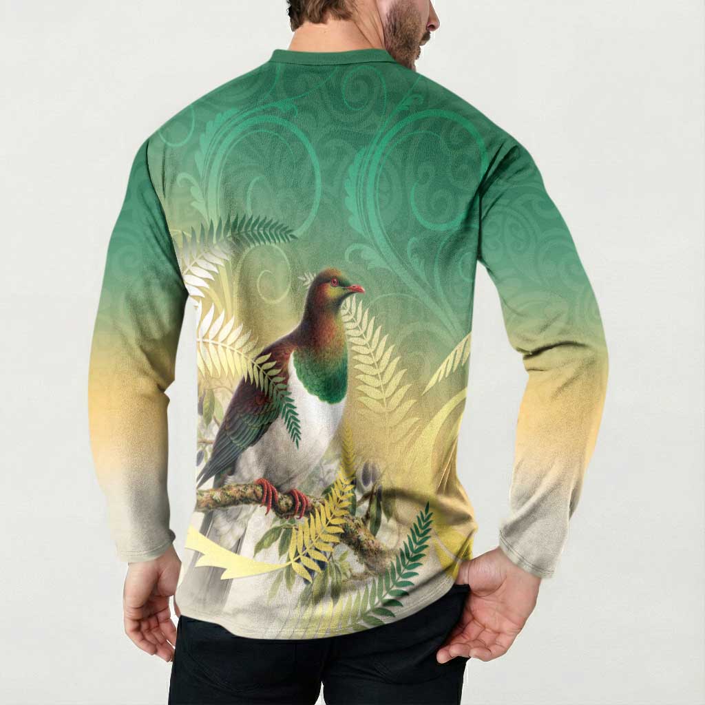 New Zealand Pigeon Kereru Button Sweatshirt Maori Fern Art Green Gradient LT05 - Polynesian Pride