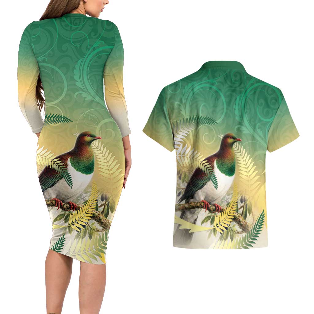 New Zealand Pigeon Kereru Couples Matching Long Sleeve Bodycon Dress and Hawaiian Shirt Maori Fern Art Green Gradient - Polynesian Pride