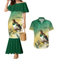 New Zealand Pigeon Kereru Couples Matching Mermaid Dress and Hawaiian Shirt Maori Fern Art Green Gradient - Polynesian Pride