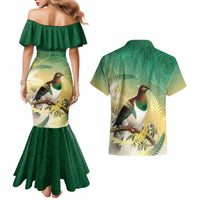 New Zealand Pigeon Kereru Couples Matching Mermaid Dress and Hawaiian Shirt Maori Fern Art Green Gradient - Polynesian Pride