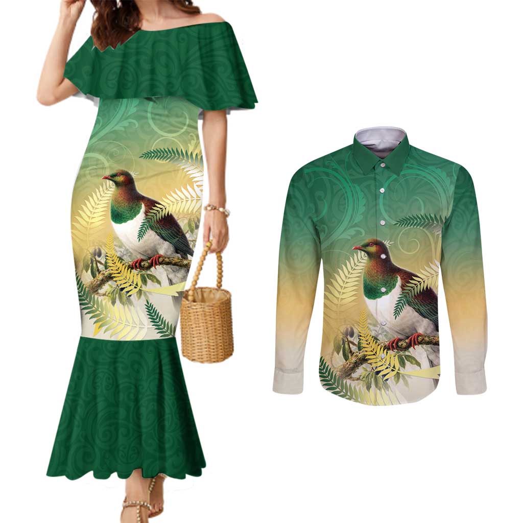 New Zealand Pigeon Kereru Couples Matching Mermaid Dress and Long Sleeve Button Shirt Maori Fern Art Green Gradient - Polynesian Pride
