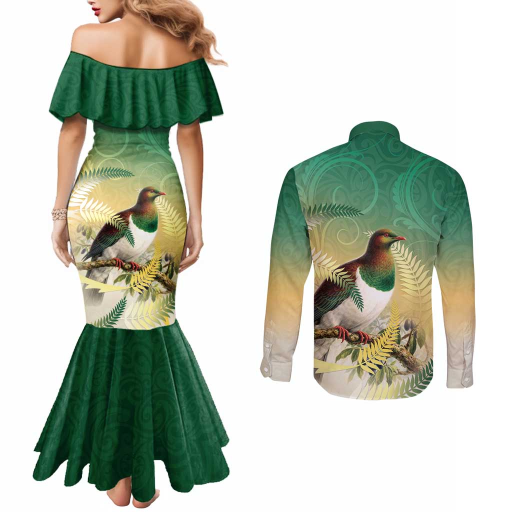New Zealand Pigeon Kereru Couples Matching Mermaid Dress and Long Sleeve Button Shirt Maori Fern Art Green Gradient - Polynesian Pride