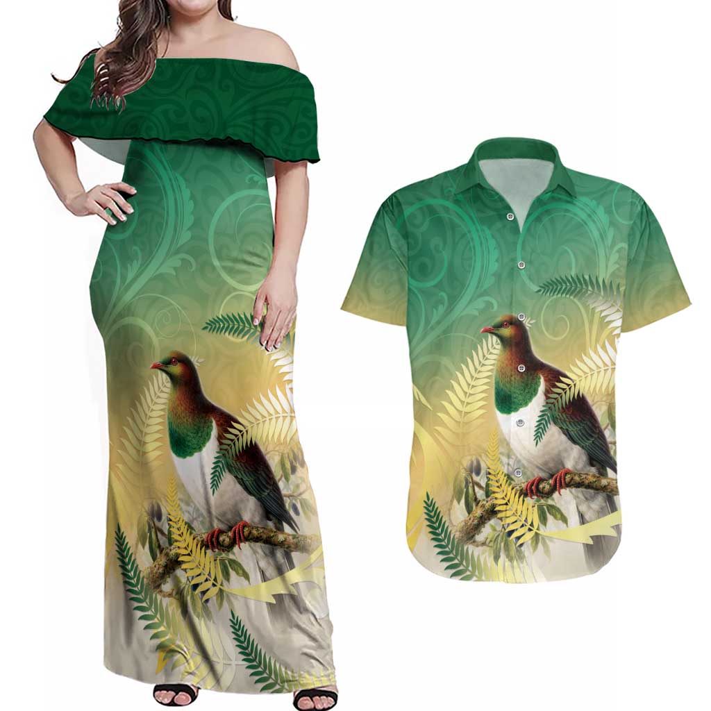 New Zealand Pigeon Kereru Couples Matching Off Shoulder Maxi Dress and Hawaiian Shirt Maori Fern Art Green Gradient - Polynesian Pride