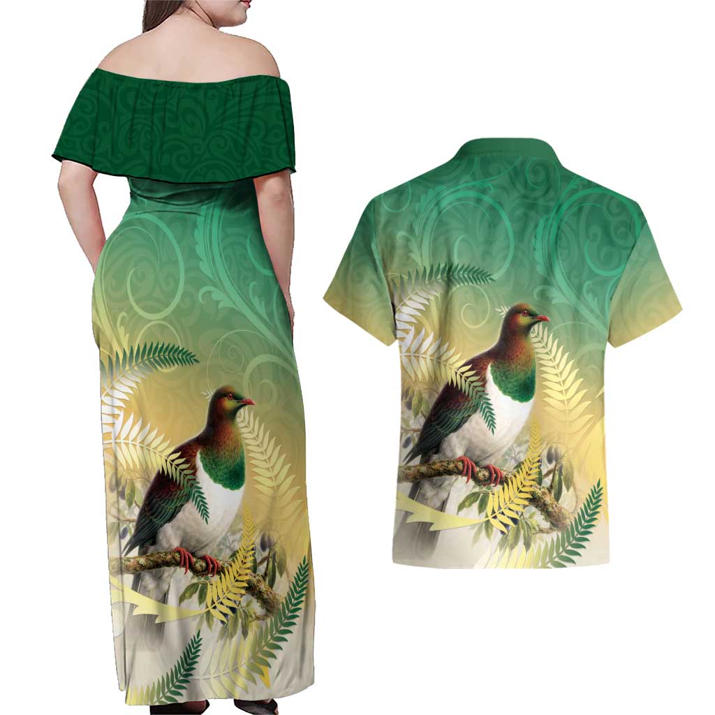 New Zealand Pigeon Kereru Couples Matching Off Shoulder Maxi Dress and Hawaiian Shirt Maori Fern Art Green Gradient - Polynesian Pride