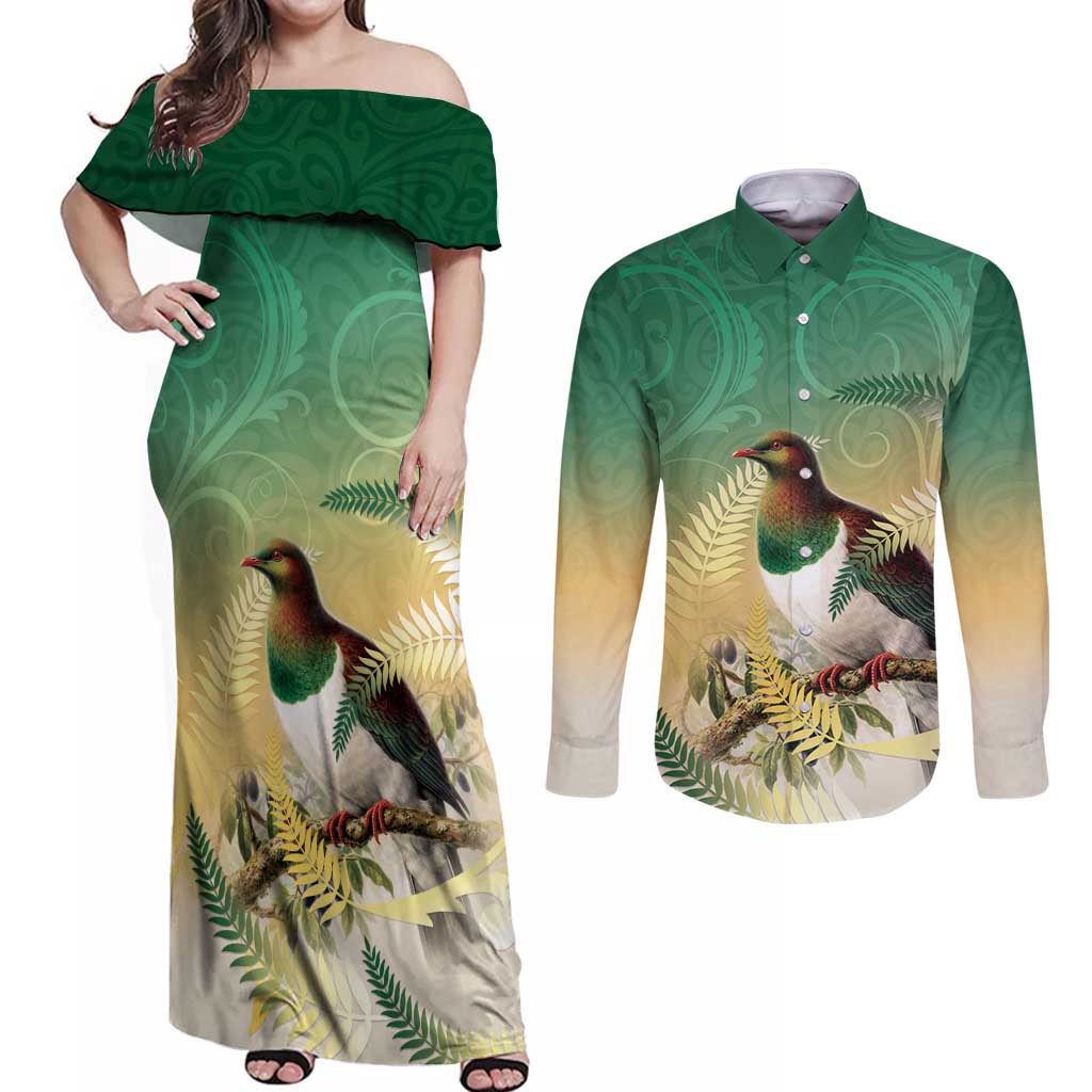 New Zealand Pigeon Kereru Couples Matching Off Shoulder Maxi Dress and Long Sleeve Button Shirt Maori Fern Art Green Gradient - Polynesian Pride