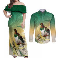 New Zealand Pigeon Kereru Couples Matching Off Shoulder Maxi Dress and Long Sleeve Button Shirt Maori Fern Art Green Gradient - Polynesian Pride