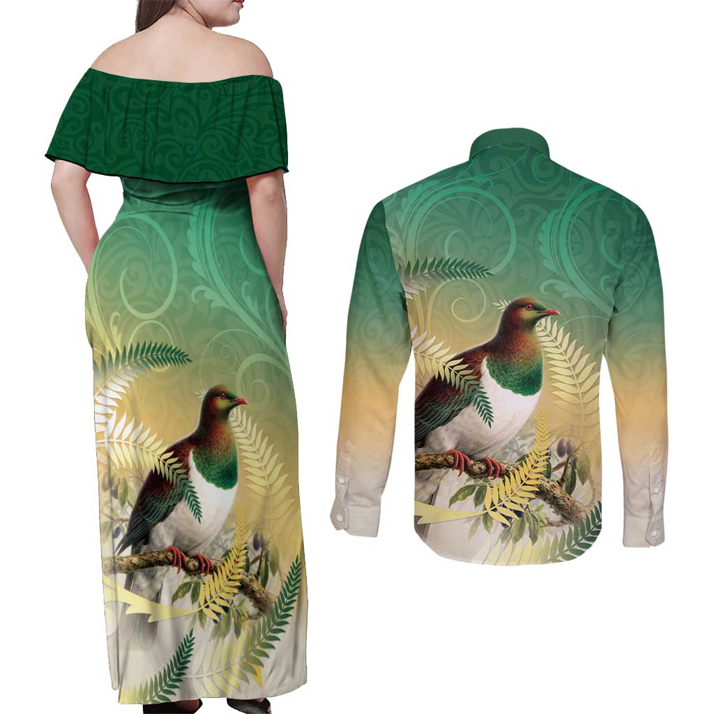 New Zealand Pigeon Kereru Couples Matching Off Shoulder Maxi Dress and Long Sleeve Button Shirt Maori Fern Art Green Gradient - Polynesian Pride