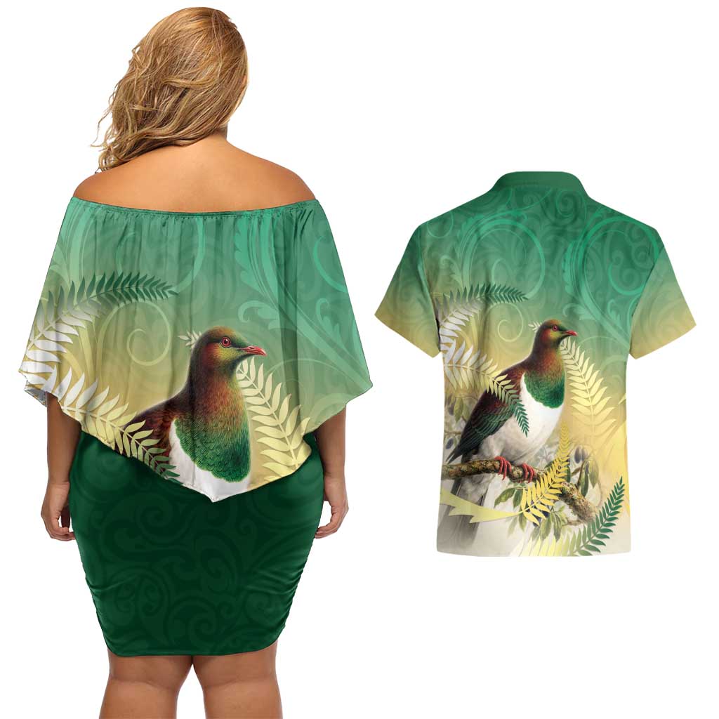 New Zealand Pigeon Kereru Couples Matching Off Shoulder Short Dress and Hawaiian Shirt Maori Fern Art Green Gradient - Polynesian Pride