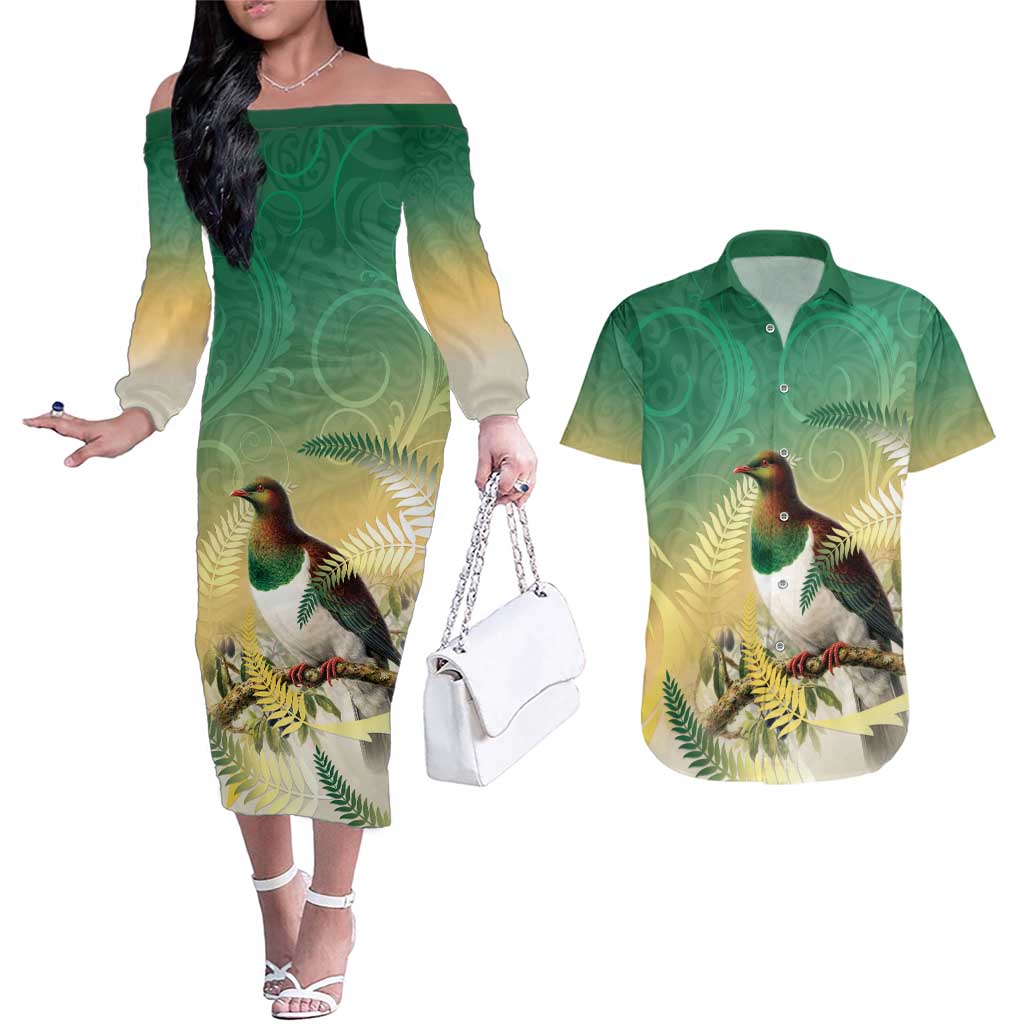 New Zealand Pigeon Kereru Couples Matching Off The Shoulder Long Sleeve Dress and Hawaiian Shirt Maori Fern Art Green Gradient - Polynesian Pride