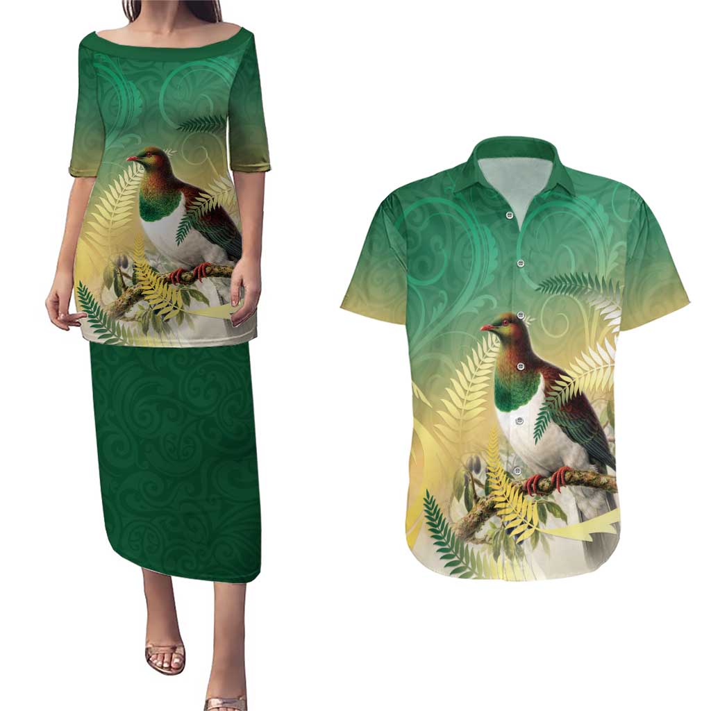 New Zealand Pigeon Kereru Couples Matching Puletasi and Hawaiian Shirt Maori Fern Art Green Gradient - Polynesian Pride