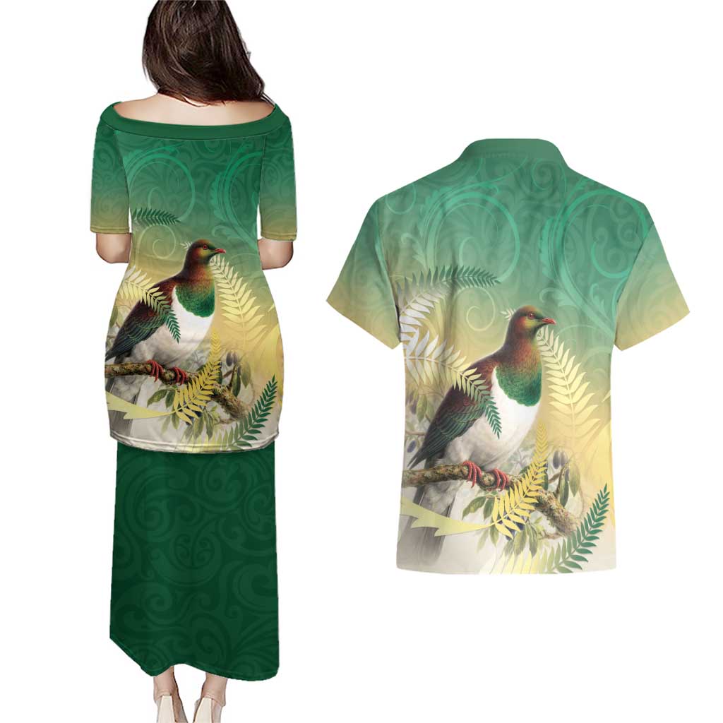 New Zealand Pigeon Kereru Couples Matching Puletasi and Hawaiian Shirt Maori Fern Art Green Gradient - Polynesian Pride