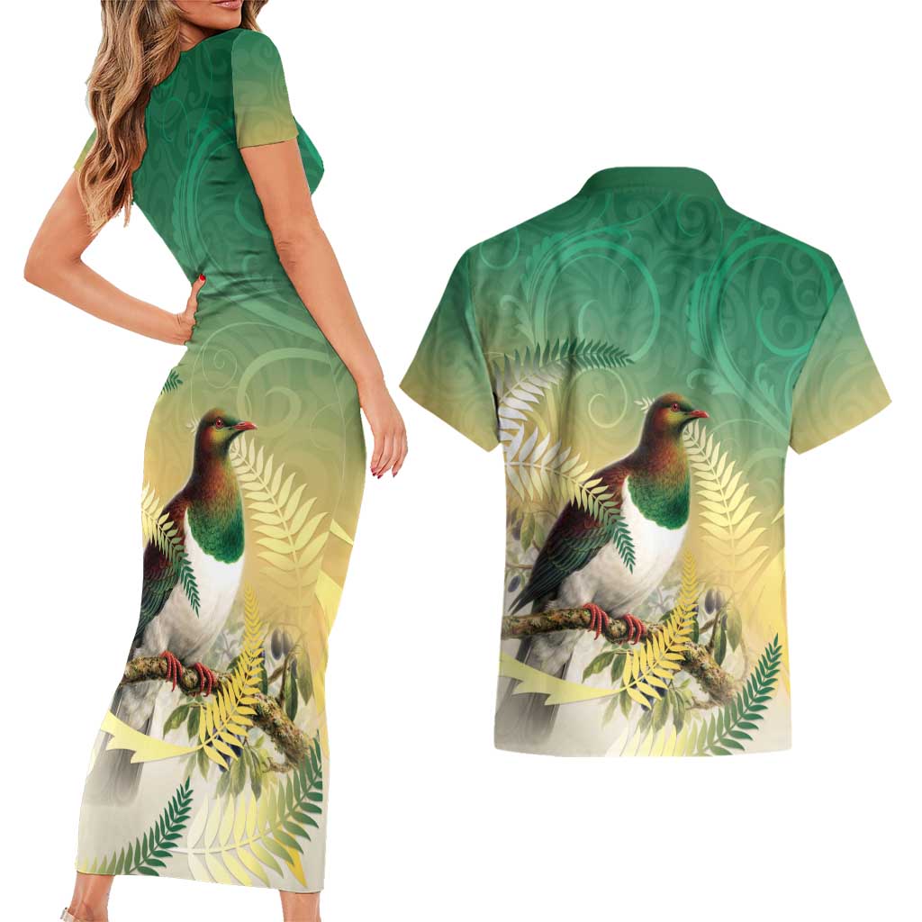 New Zealand Pigeon Kereru Couples Matching Short Sleeve Bodycon Dress and Hawaiian Shirt Maori Fern Art Green Gradient - Polynesian Pride