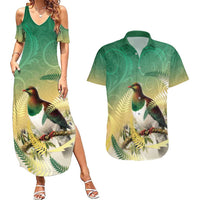 New Zealand Pigeon Kereru Couples Matching Summer Maxi Dress and Hawaiian Shirt Maori Fern Art Green Gradient - Polynesian Pride