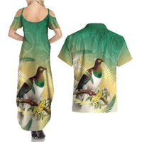 New Zealand Pigeon Kereru Couples Matching Summer Maxi Dress and Hawaiian Shirt Maori Fern Art Green Gradient - Polynesian Pride