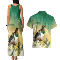 New Zealand Pigeon Kereru Couples Matching Tank Maxi Dress and Hawaiian Shirt Maori Fern Art Green Gradient - Polynesian Pride
