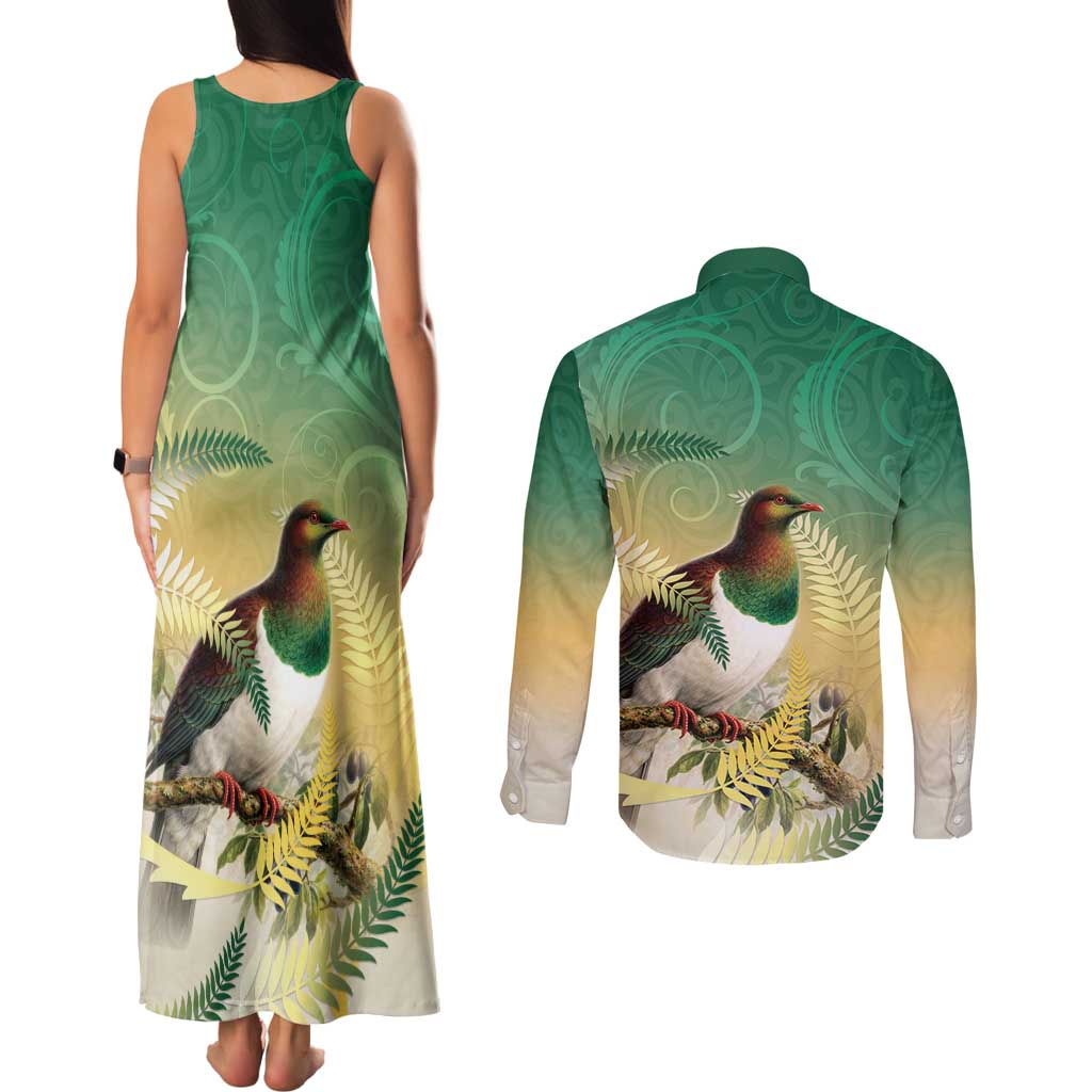 New Zealand Pigeon Kereru Couples Matching Tank Maxi Dress and Long Sleeve Button Shirt Maori Fern Art Green Gradient - Polynesian Pride