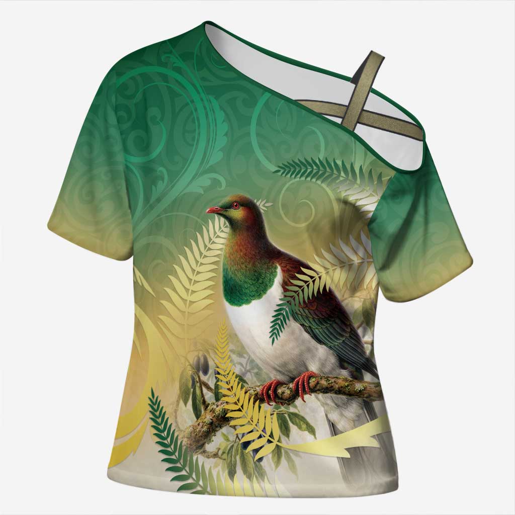New Zealand Pigeon Kereru Cross Shoulder Shirt Maori Fern Art Green Gradient - Polynesian Pride