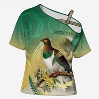 New Zealand Pigeon Kereru Cross Shoulder Shirt Maori Fern Art Green Gradient - Polynesian Pride