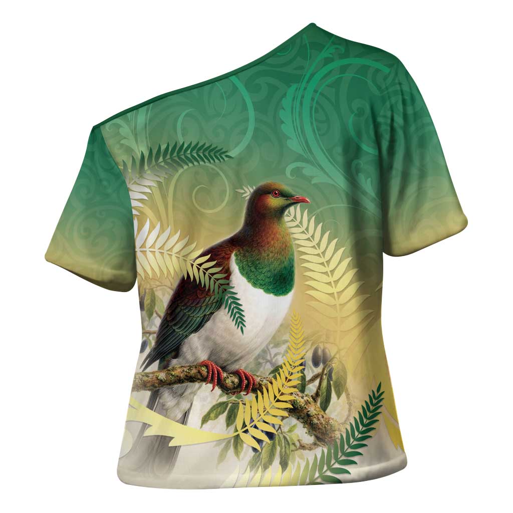 New Zealand Pigeon Kereru Cross Shoulder Shirt Maori Fern Art Green Gradient - Polynesian Pride