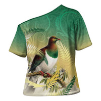 New Zealand Pigeon Kereru Cross Shoulder Shirt Maori Fern Art Green Gradient - Polynesian Pride