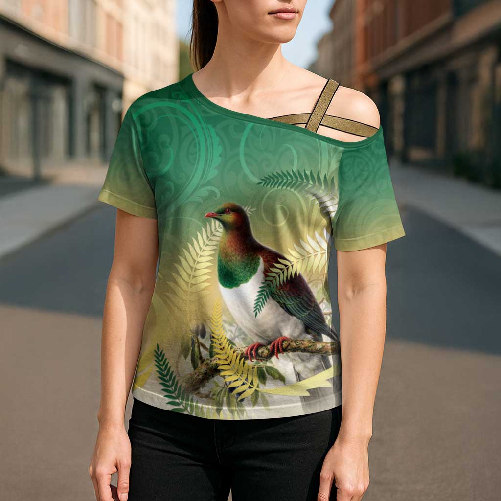 New Zealand Pigeon Kereru Cross Shoulder Shirt Maori Fern Art Green Gradient - Polynesian Pride