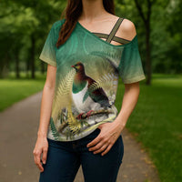New Zealand Pigeon Kereru Cross Shoulder Shirt Maori Fern Art Green Gradient - Polynesian Pride