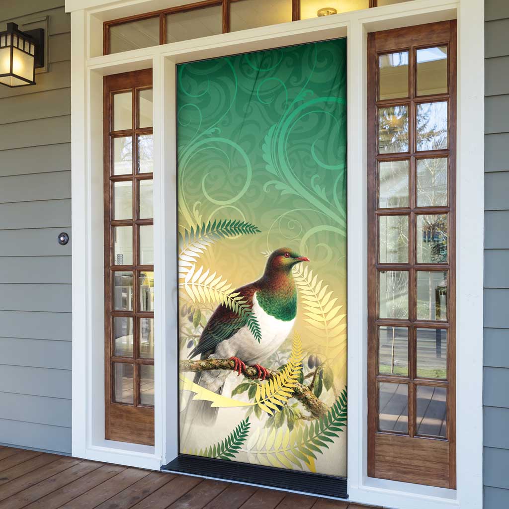 New Zealand Pigeon Kereru Door Cover Maori Fern Art Green Gradient - Polynesian Pride