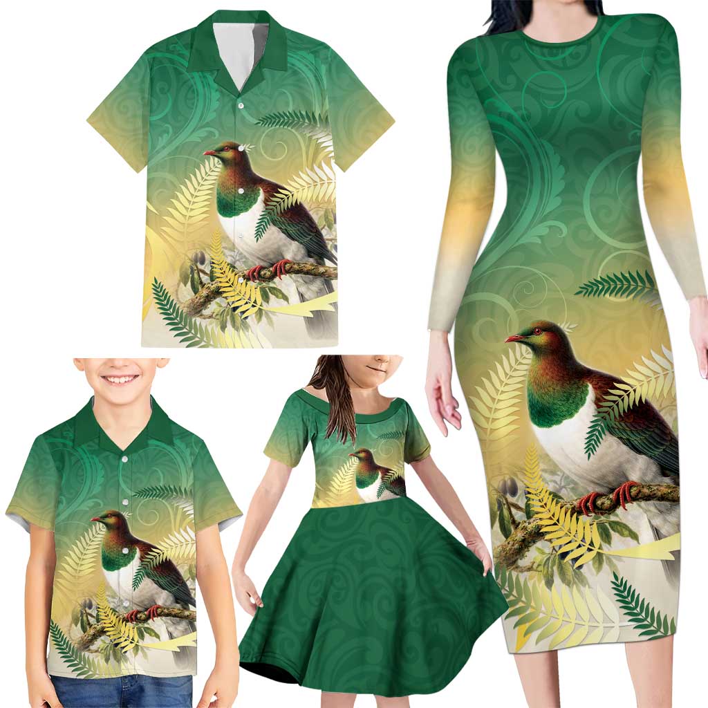 New Zealand Pigeon Kereru Family Matching Long Sleeve Bodycon Dress and Hawaiian Shirt Maori Fern Art Green Gradient - Polynesian Pride