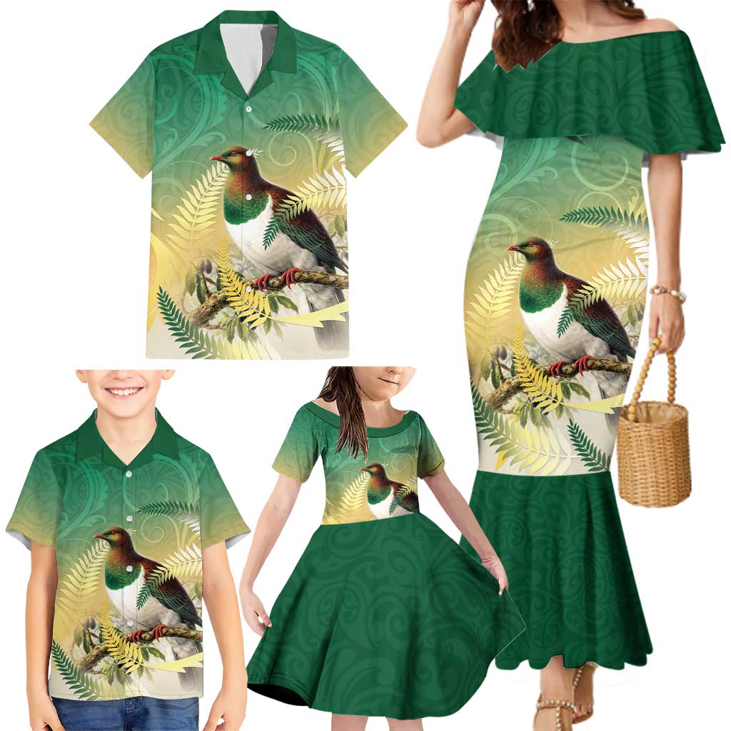 New Zealand Pigeon Kereru Family Matching Mermaid Dress and Hawaiian Shirt Maori Fern Art Green Gradient LT05 - Polynesian Pride