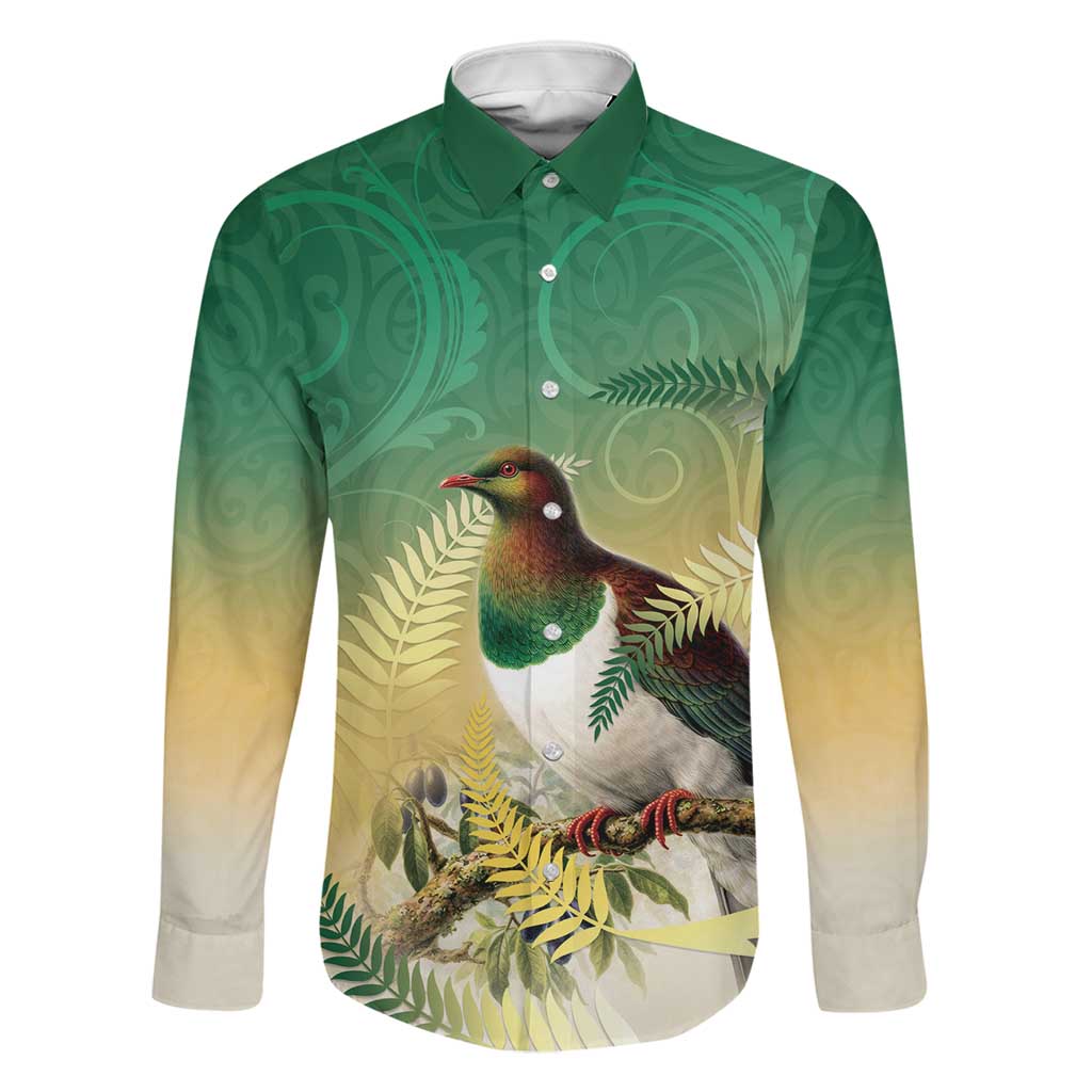 New Zealand Pigeon Kereru Family Matching Mermaid Dress and Hawaiian Shirt Maori Fern Art Green Gradient LT05 Dad's Shirt - Long Sleeve Green - Polynesian Pride