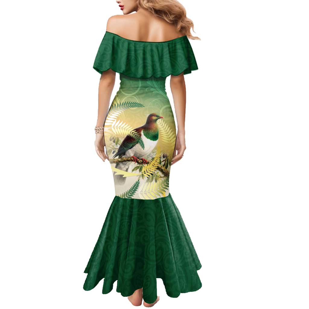 New Zealand Pigeon Kereru Family Matching Mermaid Dress and Hawaiian Shirt Maori Fern Art Green Gradient LT05 - Polynesian Pride