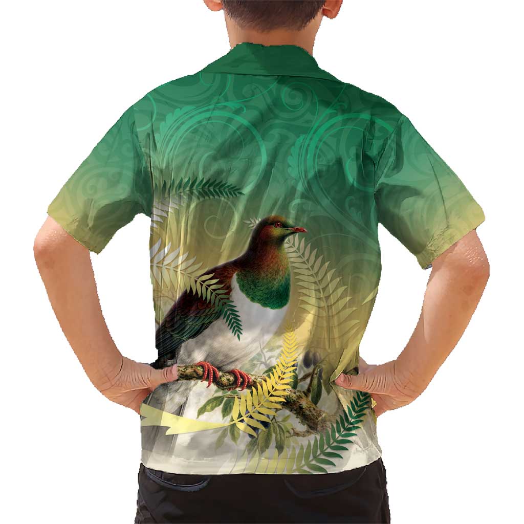 New Zealand Pigeon Kereru Family Matching Off The Shoulder Long Sleeve Dress and Hawaiian Shirt Maori Fern Art Green Gradient LT05 - Polynesian Pride