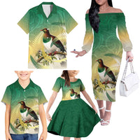 New Zealand Pigeon Kereru Family Matching Off The Shoulder Long Sleeve Dress and Hawaiian Shirt Maori Fern Art Green Gradient LT05 - Polynesian Pride