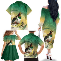 New Zealand Pigeon Kereru Family Matching Off The Shoulder Long Sleeve Dress and Hawaiian Shirt Maori Fern Art Green Gradient LT05 - Polynesian Pride