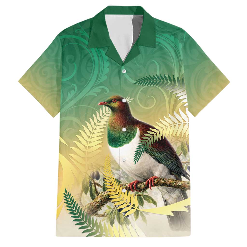 New Zealand Pigeon Kereru Family Matching Off The Shoulder Long Sleeve Dress and Hawaiian Shirt Maori Fern Art Green Gradient LT05 Dad's Shirt - Short Sleeve Green - Polynesian Pride