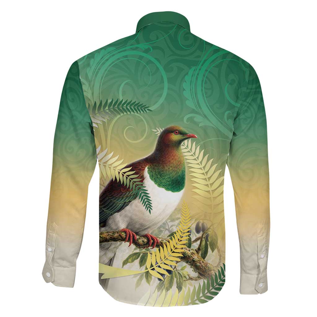 New Zealand Pigeon Kereru Family Matching Off The Shoulder Long Sleeve Dress and Hawaiian Shirt Maori Fern Art Green Gradient LT05 - Polynesian Pride