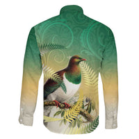 New Zealand Pigeon Kereru Family Matching Off The Shoulder Long Sleeve Dress and Hawaiian Shirt Maori Fern Art Green Gradient LT05 - Polynesian Pride