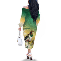 New Zealand Pigeon Kereru Family Matching Off The Shoulder Long Sleeve Dress and Hawaiian Shirt Maori Fern Art Green Gradient LT05 - Polynesian Pride