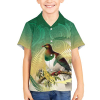 New Zealand Pigeon Kereru Family Matching Off The Shoulder Long Sleeve Dress and Hawaiian Shirt Maori Fern Art Green Gradient LT05 Son's Shirt Green - Polynesian Pride
