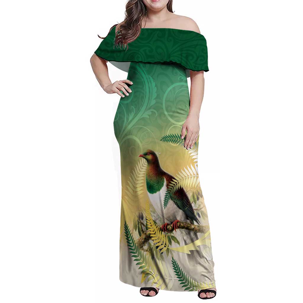 New Zealand Pigeon Kereru Family Matching Off Shoulder Maxi Dress and Hawaiian Shirt Maori Fern Art Green Gradient - Polynesian Pride