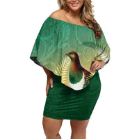 New Zealand Pigeon Kereru Family Matching Off Shoulder Short Dress and Hawaiian Shirt Maori Fern Art Green Gradient - Polynesian Pride