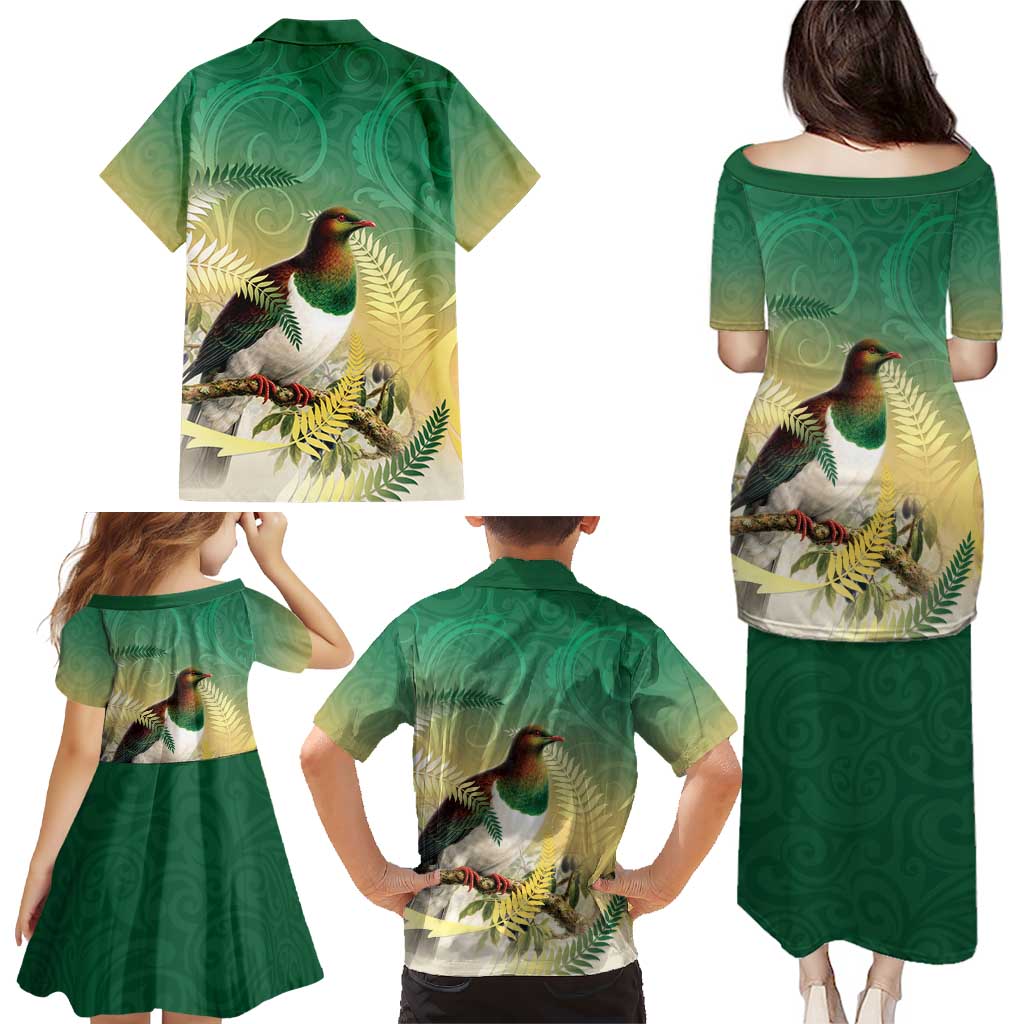 New Zealand Pigeon Kereru Family Matching Puletasi and Hawaiian Shirt Maori Fern Art Green Gradient - Polynesian Pride
